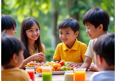 Kumpulan kanak-kanak Malaysia belajar tentang nutrisi dari seorang pendidik yang mesra di sebuah taman