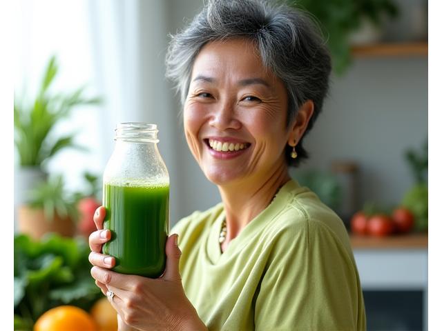 Seorang wanita bersemangat, pengasas Rasa Juicery, memegang jus segar dengan senyuman, di dapur dengan latar belakang buah-buahan dan sayur-sayuran segar