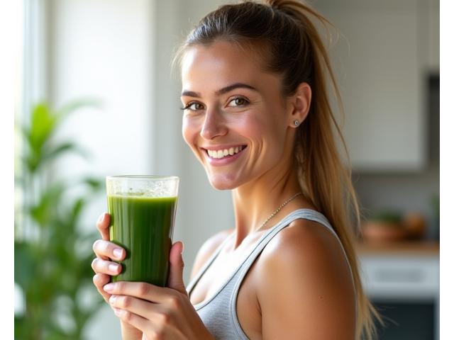 Wanita tersenyum gembira, memegang jus, menunjukkan hasil penurunan berat badan