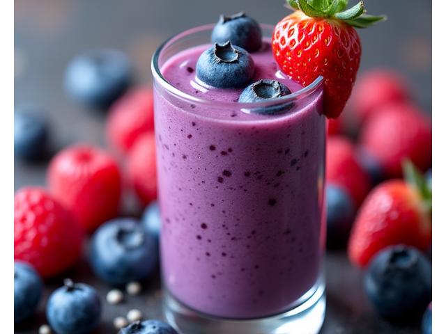 Smoothie ungu pekat dengan pelbagai jenis beri di atas meja