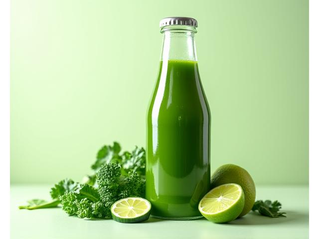 Botol Green Detox Blend yang tinggi dengan daun hijau dan timun