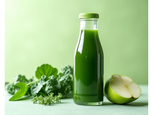 Jus hijau gelap dengan spinat, kale, dan epal hijau