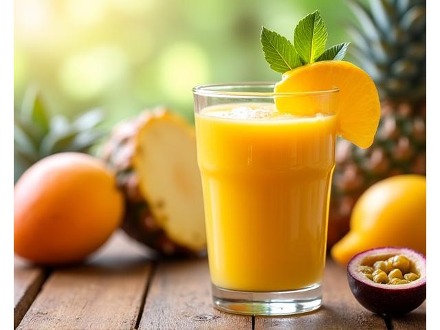 Smoothie kuning cerah dengan hirisan mangga dan nanas