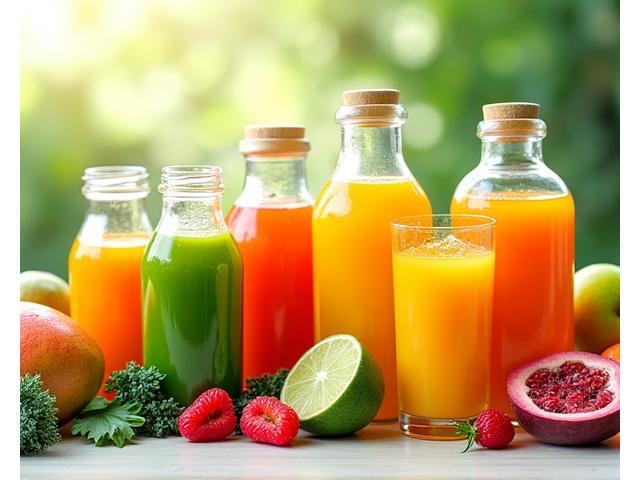 Pelbagai jus buah segar dan smoothies berwarna-warni dengan buah-buahan tropika di latar belakang