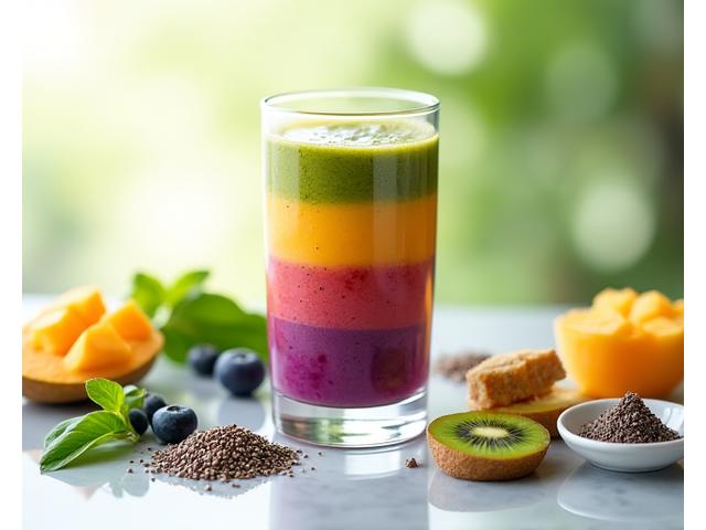 Gelas smoothie campuran yang cantik, sedia untuk diminum, dengan buah-buahan dan sayuran tersusun artistik di sekitarnya