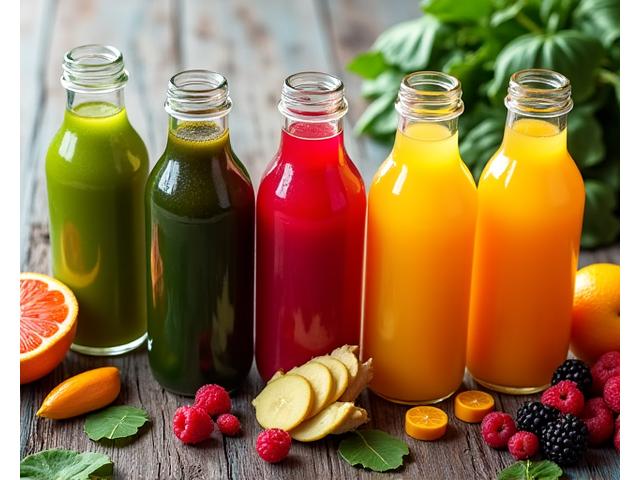 Pelbagai botol jus buah segar berwarna-warni di atas meja kayu dengan buah-buahan segar di latar depan
