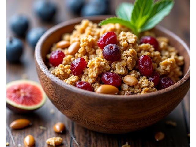 Semangkuk snek sihat seperti granola, kacang, dan buah kering