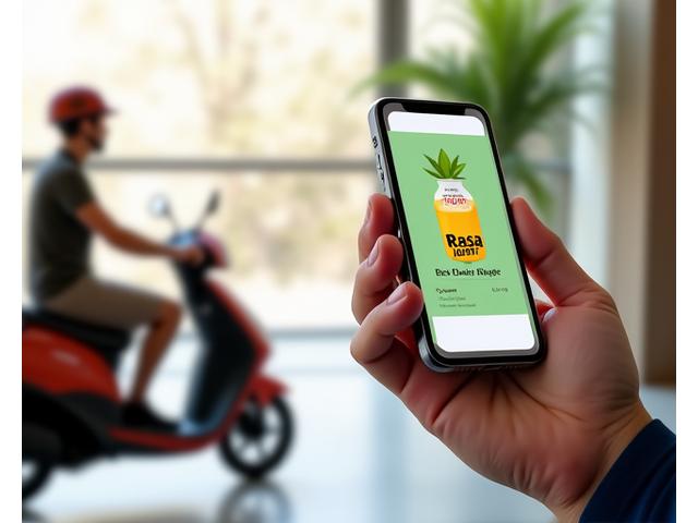 Skrin telefon pintar menunjukkan aplikasi pesanan atas talian Rasa Juicery dengan ikon penghantaran