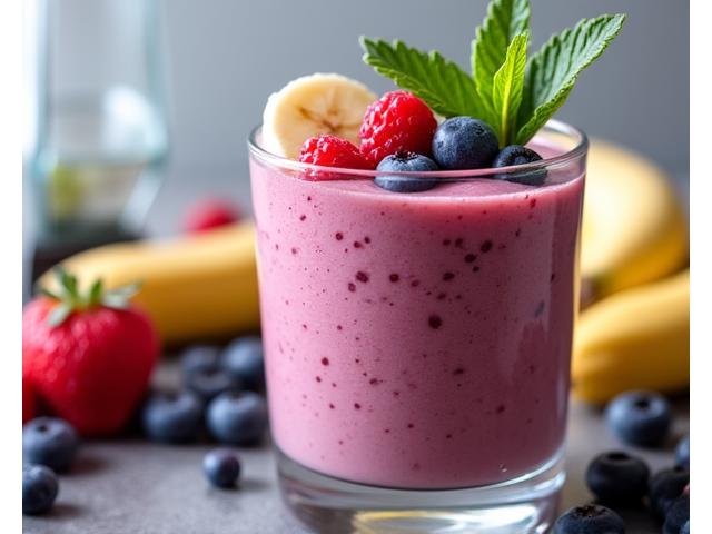 Gelas smoothie berkrem dengan buah-buahan beri dan daun pudina sebagai hiasan
