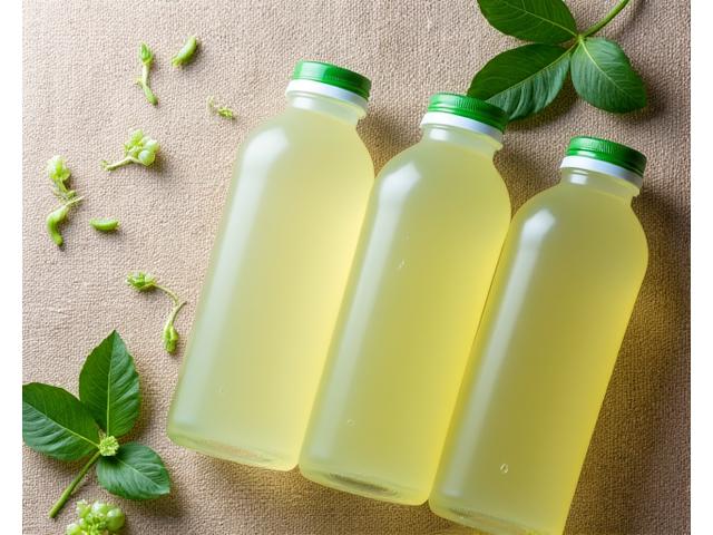 Botol jus mesra alam yang boleh terurai dan daun hijau