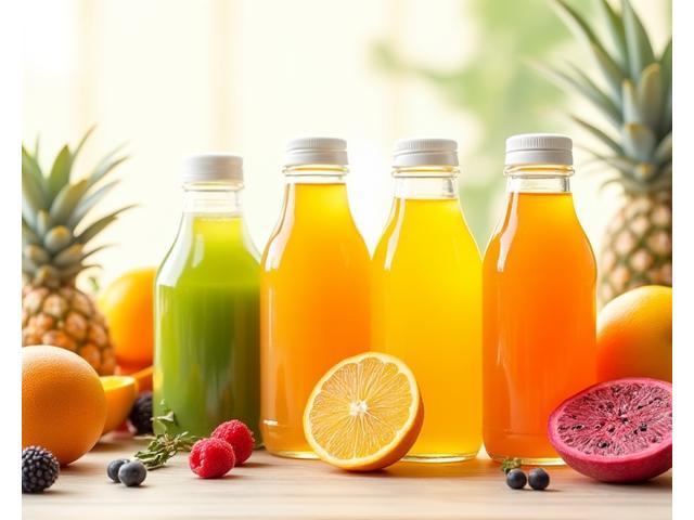 Koleksi jus buah segar Rasa Juicery dalam botol kaca lestari, pelbagai warna cerah dari buah tropika.