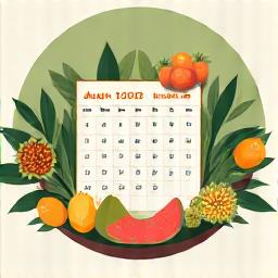 Kalendar dengan buah-buahan musim yang disorot.