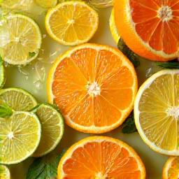 Buah sitrus seperti oren, lemon, dan limau nipis dipotong separuh.