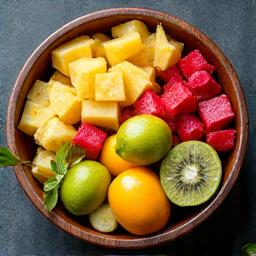 Mangkuk berisi buah-buahan tropika segar seperti mangga, nanas, dan naga.
