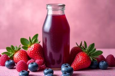 Sebotol jus beri campuran berwarna ungu gelap dengan buah beri di sekelilingnya.