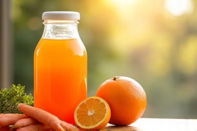 Sebotol jus oren dan karot yang cerah di bawah cahaya matahari pagi.