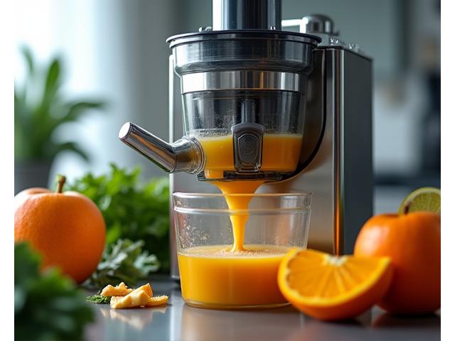 Mesin cold-press moden sedang mengekstrak jus dari buah pekat, menunjukkan proses tanpa haba.