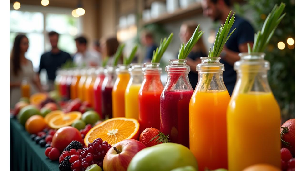Meja katering jus segar dengan pelbagai jenis buah-buahan dan botol jus, dalam suasana acara yang meriah.