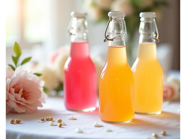 Penyediaan jus yang elegan di majlis perkahwinan dengan hiasan bunga.