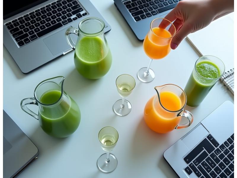 Jus sayuran segar dan buah-buahan di meja pejabat, menunjukkan suasana mesyuarat yang sihat.