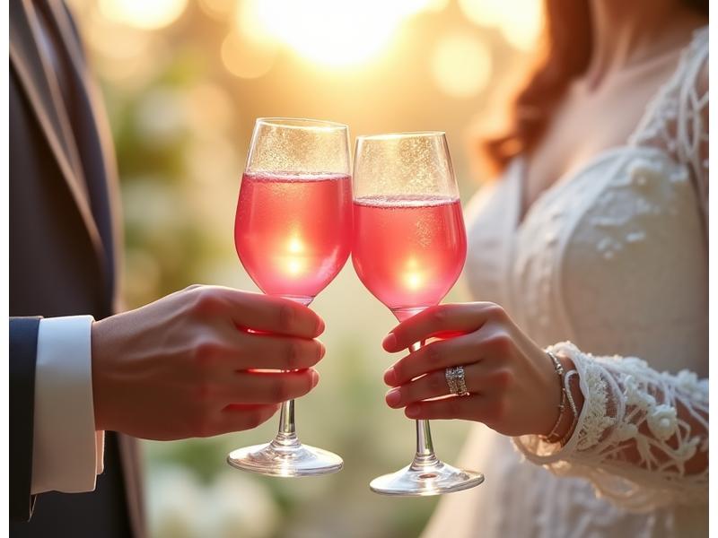 Pasangan pengantin memegang gelas jus segar di majlis perkahwinan, dikelilingi oleh dekorasi bunga yang elegan.