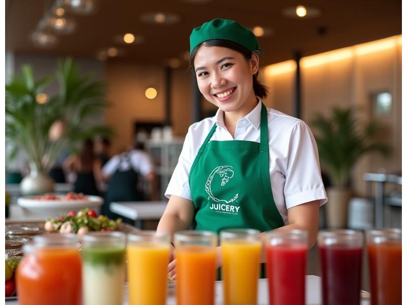 Anggota staf Rasa Juicery yang berpakaian seragam sedang menyusun botol jus di meja katering dengan senyuman.