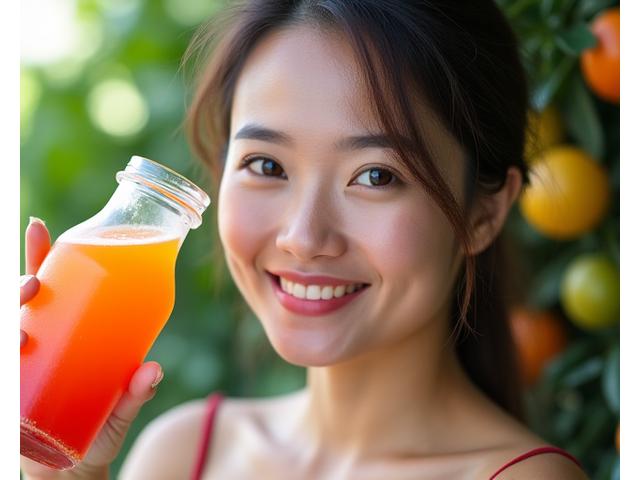 Seorang wanita dengan kulit yang bercahaya kelihatan gembira sambil memegang jus campuran buah-buahan berwarna-warni, dengan latar belakang buah-buahan segar dan dedaunan hijau, menekankan kesihatan dalaman untuk kecantikan luar.