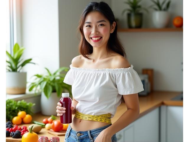 Wanita muda tersenyum gembira memegang pita pengukur di pinggangnya, dengan latar belakang buah-buahan dan sayuran hidup yang bersih, menonjolkan kejayaan penurunan berat badan melalui gaya hidup sihat.