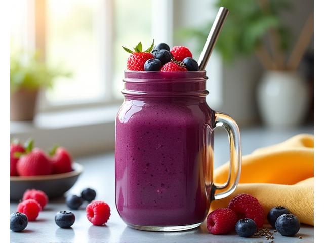 Smoothie ungu pekat 'Berry Antioxidant Blast' dengan beri campuran dan biji chia teratas