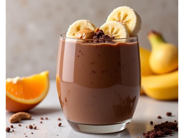 Smoothie coklat padat 'Chocolate Peanut Power' dengan kepingan pisang dan titisan coklat