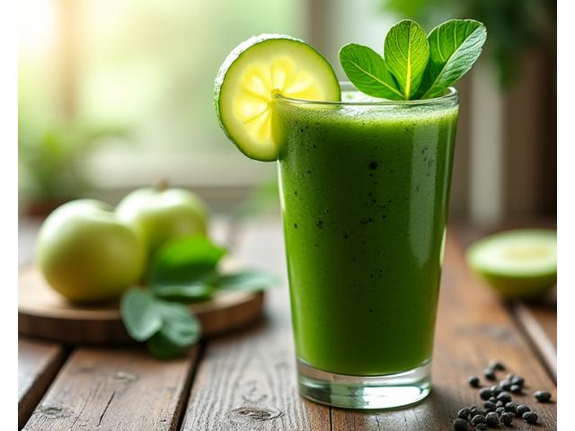 Smoothie hijau pekat 'Green Goddess' dengan daun bayam dan hirisan epal