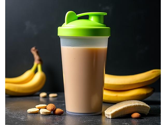 Smoothie coklat terang 'Post-Workout Recovery' dengan serbuk protein dan pisang