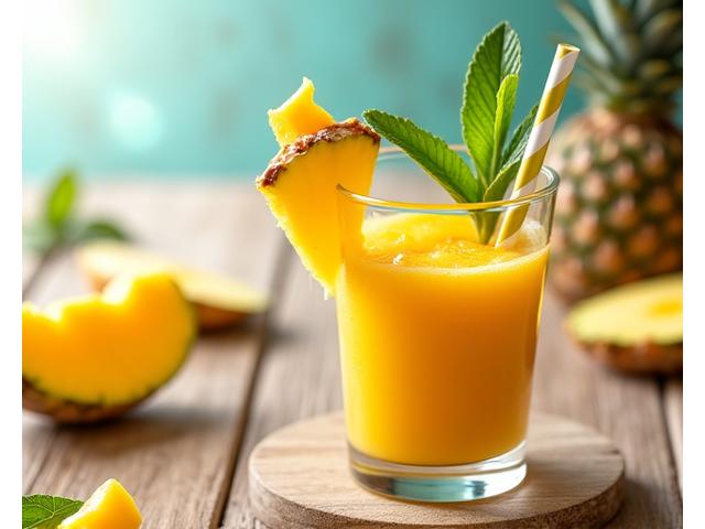 Smoothie kuning cerah 'Tropical Paradise' dengan kepingan mangga dan nanas