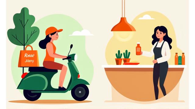 Illustration of a delivery person holding a juice bag and a customer picking up an order at a counter