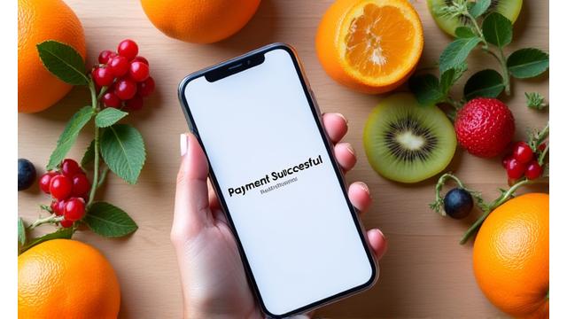 Image of a smartphone showing an online payment successful screen, with fresh fruits in the background