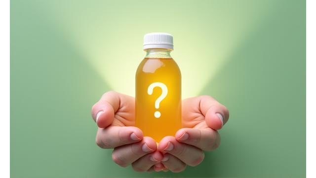 Image of hands holding a juice bottle, symbolizing inspection, with a small question mark icon next to it